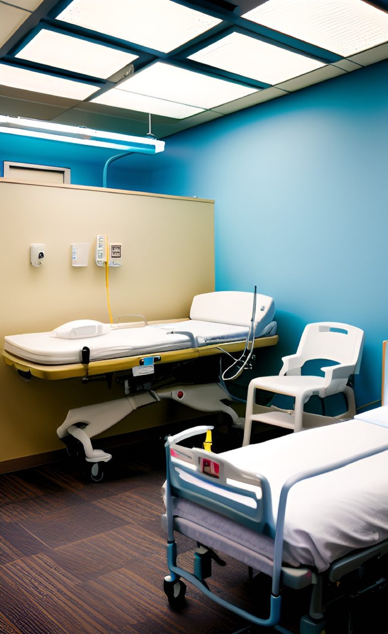 hospital-room-with-blue-wall-bed-with-white-chair-white-chair